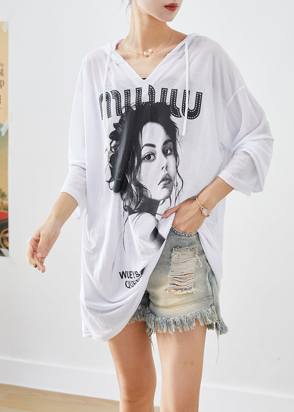 White Oversized Print Cotton Pullover Fall