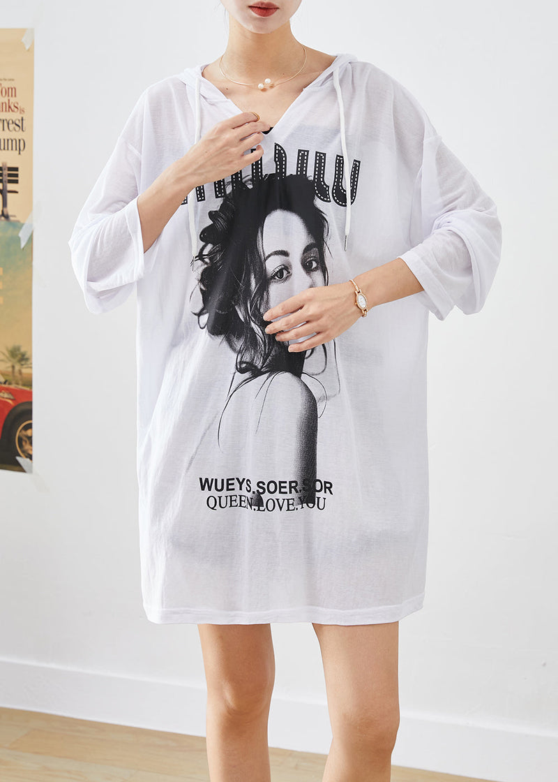 White Oversized Print Cotton Pullover Fall