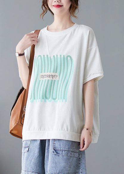 White Oversized Print Cotton Tanks Summer