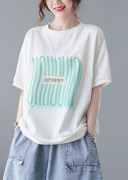 White Oversized Print Cotton Tanks Summer