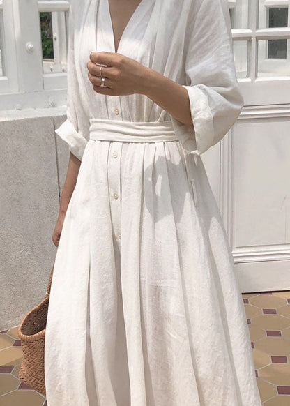 White Patchwork Cotton Dress V Neck Spring