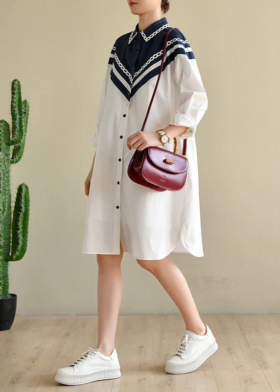 White Patchwork Peter Pan Collar Cotton Long Sleeve Spring Dresses
