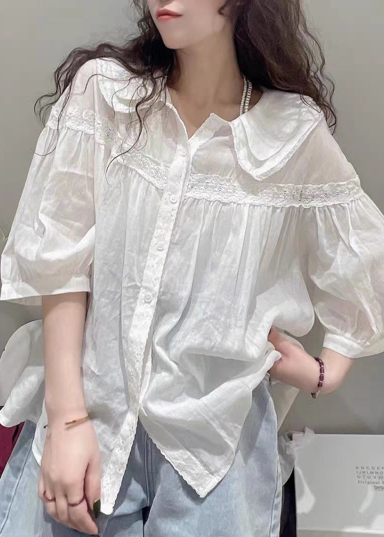White Peter Pan Collar Lace Cotton Blouses Half Sleeve