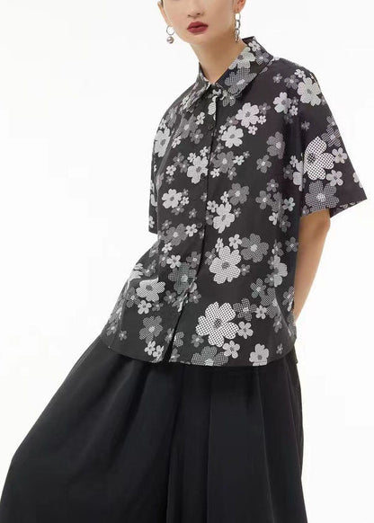 White Peter Pan Collar Print Cotton Shirts Summer