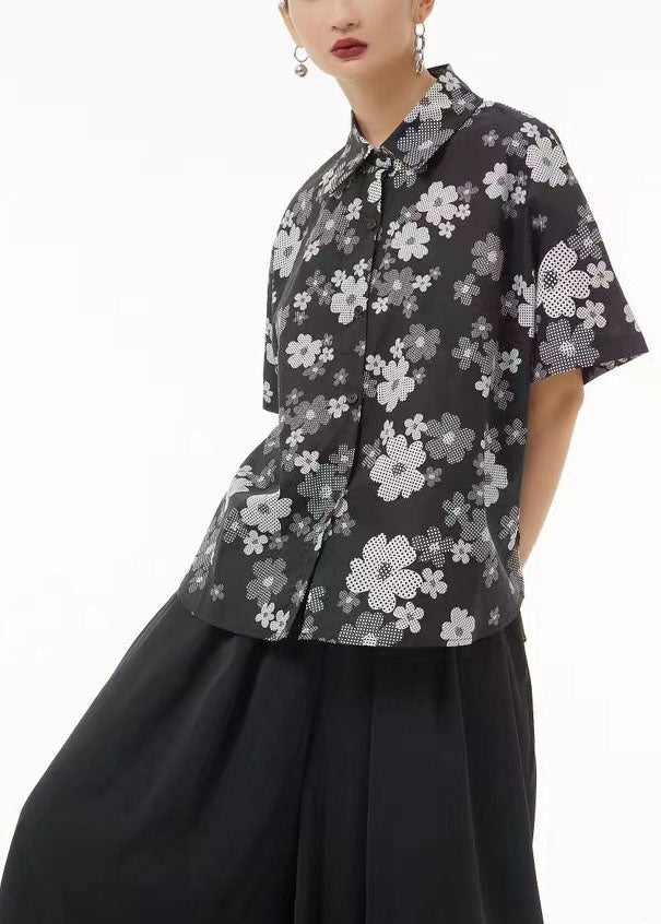 White Peter Pan Collar Print Cotton Shirts Summer