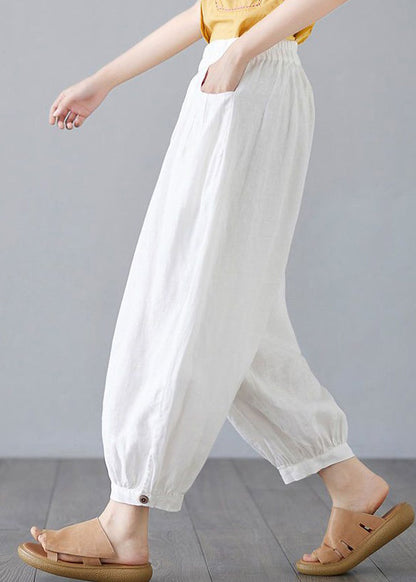 White Pockets Elastic Waist Cotton Lantern Pants Spring