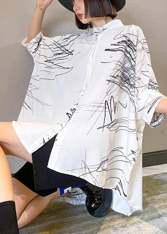 White Print Button Low High Design Cotton Blouses