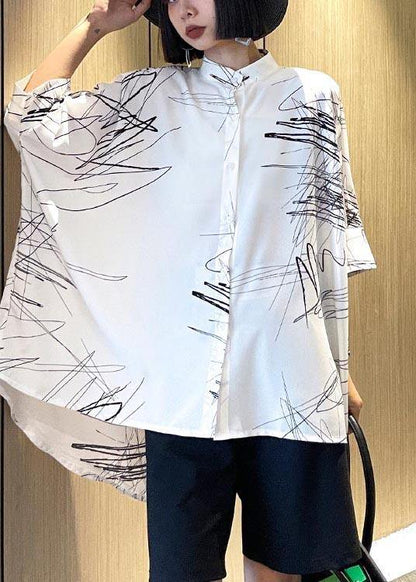 White Print Button Low High Design Cotton Blouses