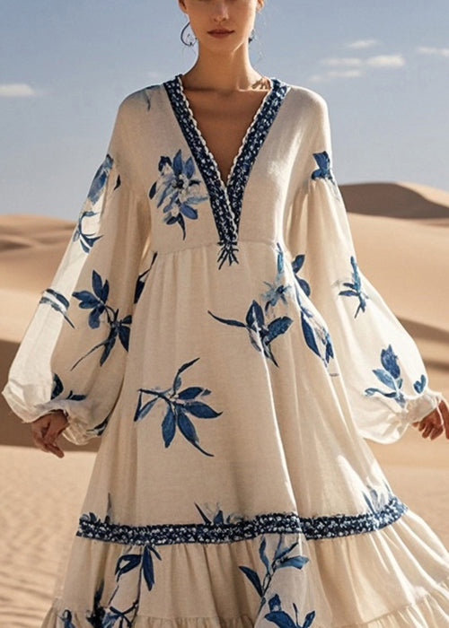White Print Exra Large Hem Cotton Maxi Dress Spring