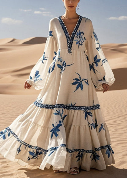 White Print Exra Large Hem Cotton Maxi Dress Spring