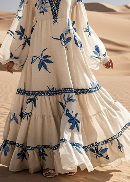 White Print Exra Large Hem Cotton Maxi Dress Spring