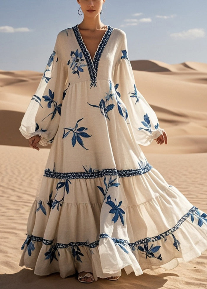 White Print Exra Large Hem Cotton Maxi Dress Spring