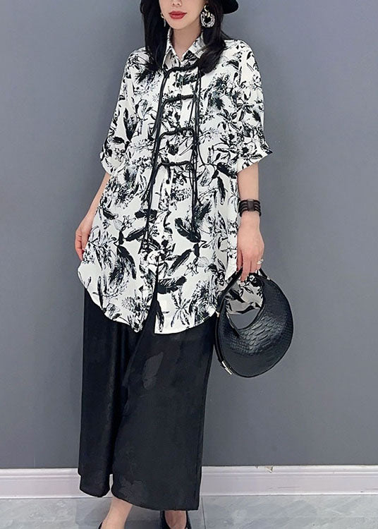 White Print Tasseled Patchwork Chiffon Shirt Top Summer