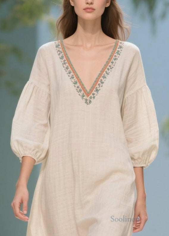 White Puff Sleeve Patchwork Linen Dresses
