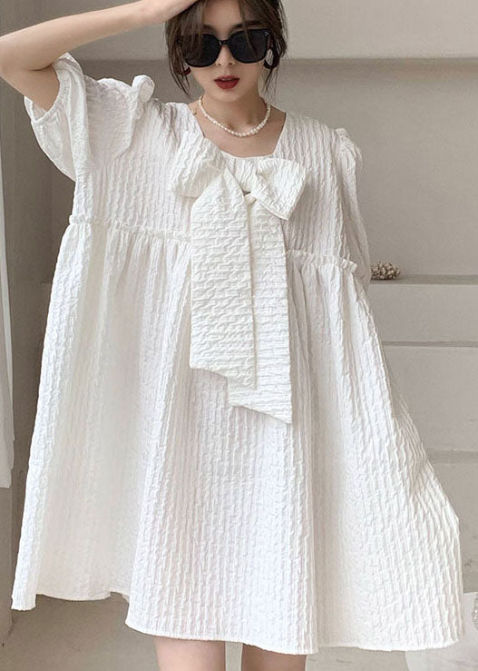 White Ruffled Bow Patchwork Cotton Vacation Dress Spring