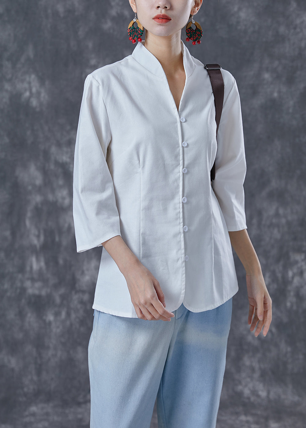White Stand Collar Button Cotton Shirt Tops Bracelet Sleeve