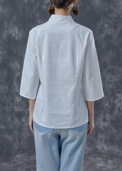 White Stand Collar Button Cotton Shirt Tops Bracelet Sleeve