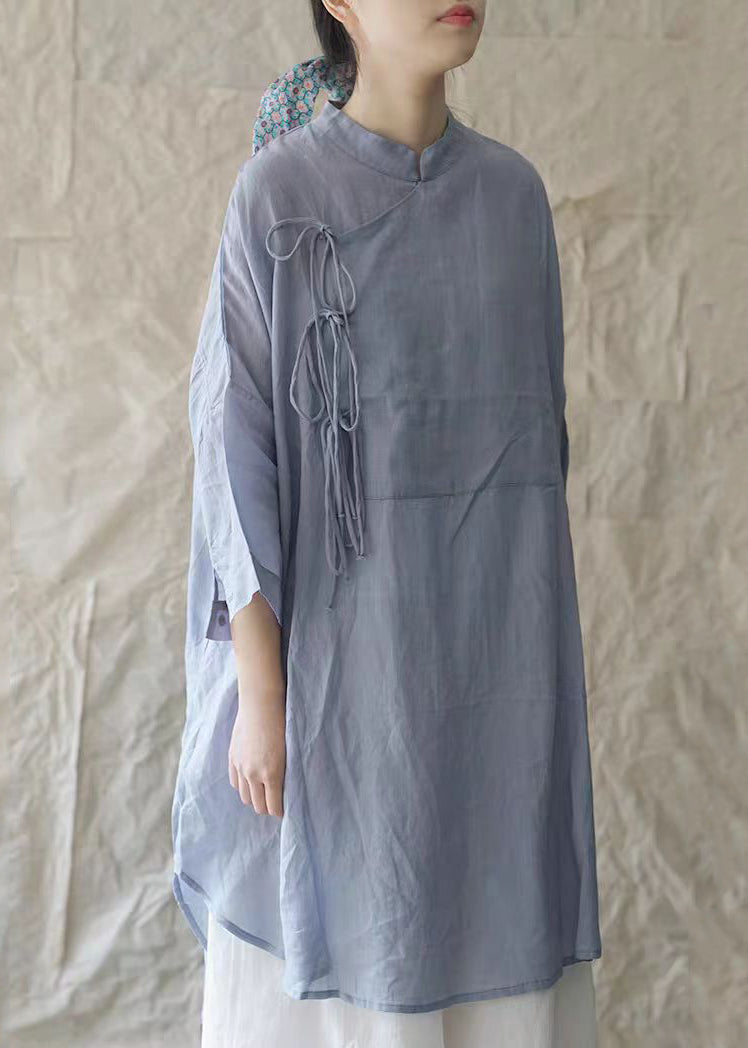 White Stand Collar Lace Up Cotton Shirt Dress Bracelet Sleeve