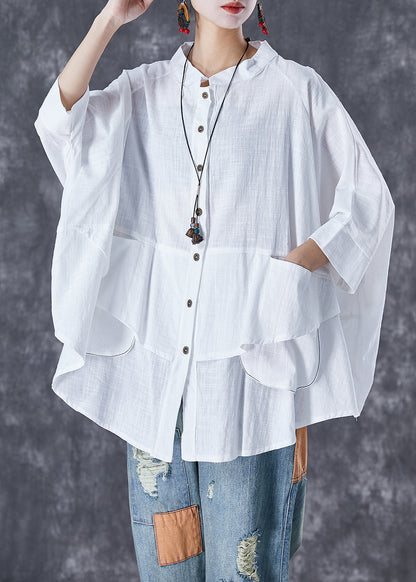 Print5 Stand Collar Patchwork Linen Shirt Tops Batwing Sleeve