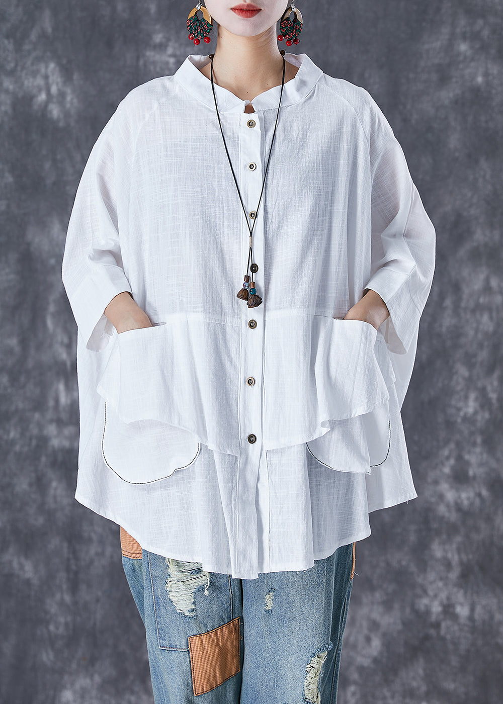 White Stand Collar Patchwork Linen Shirt Tops Batwing Sleeve