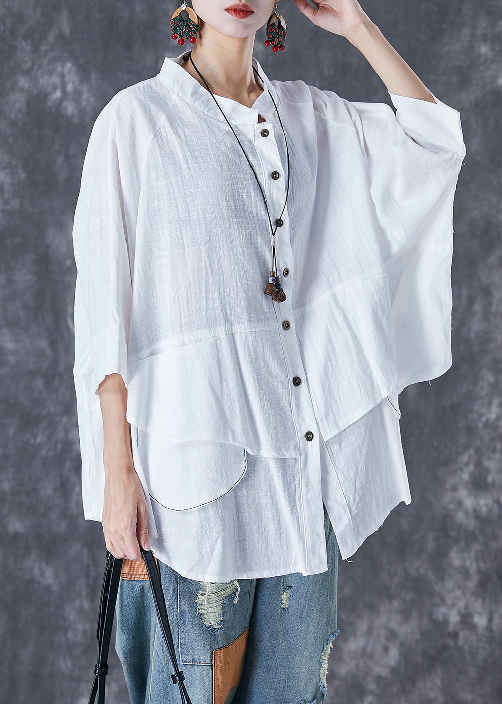 Print3 Stand Collar Patchwork Linen Shirt Tops Batwing Sleeve