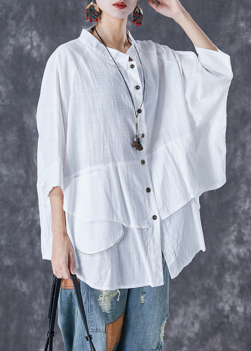 Gray-camouflage Stand Collar Patchwork Linen Shirt Tops Batwing Sleeve