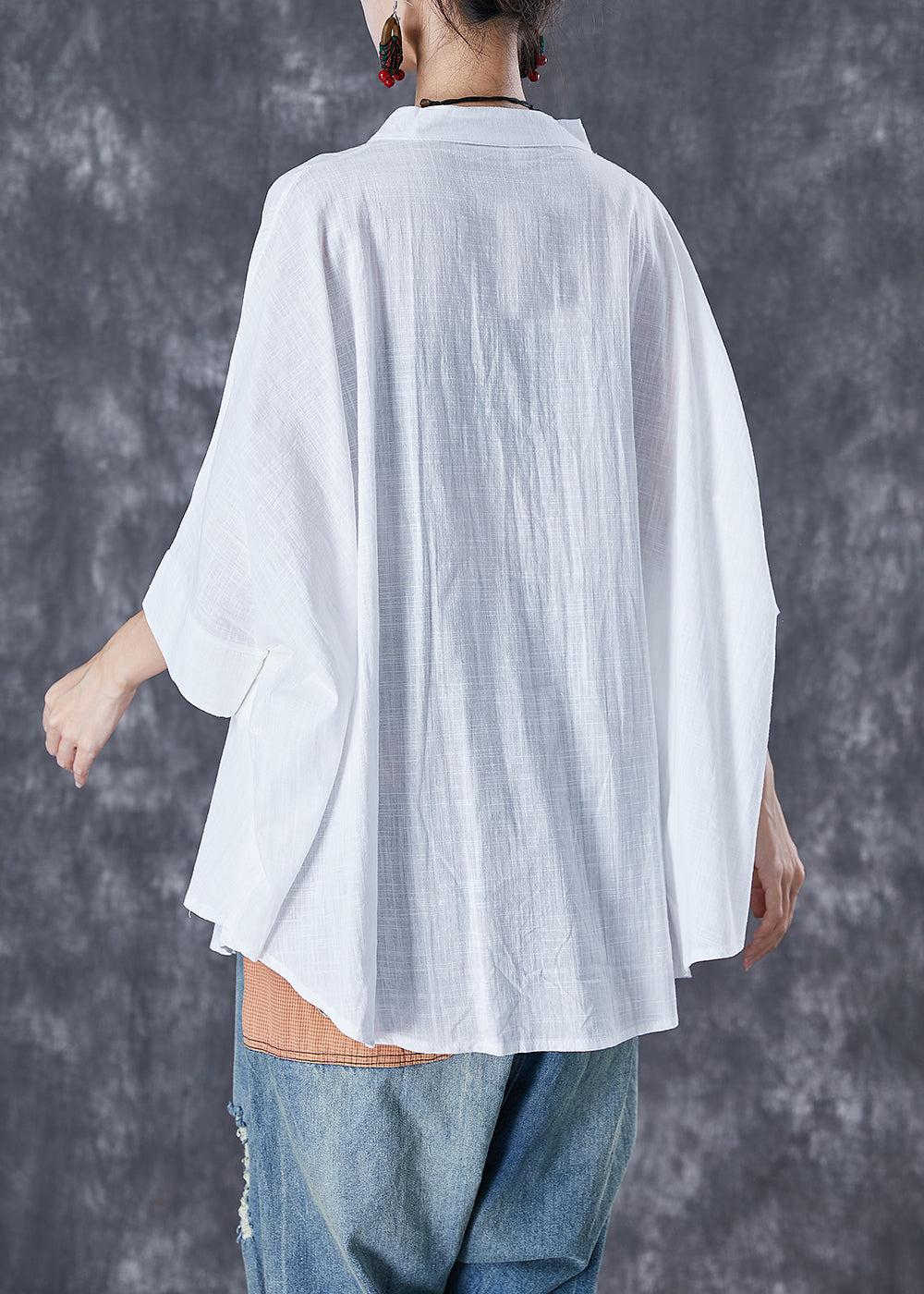 Print2 Stand Collar Patchwork Linen Shirt Tops Batwing Sleeve