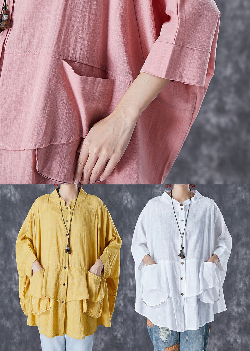 Print5 Stand Collar Patchwork Linen Shirt Tops Batwing Sleeve
