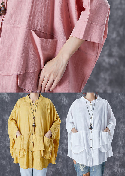 Black - Texture Stand Collar Patchwork Linen Shirt Tops Batwing Sleeve