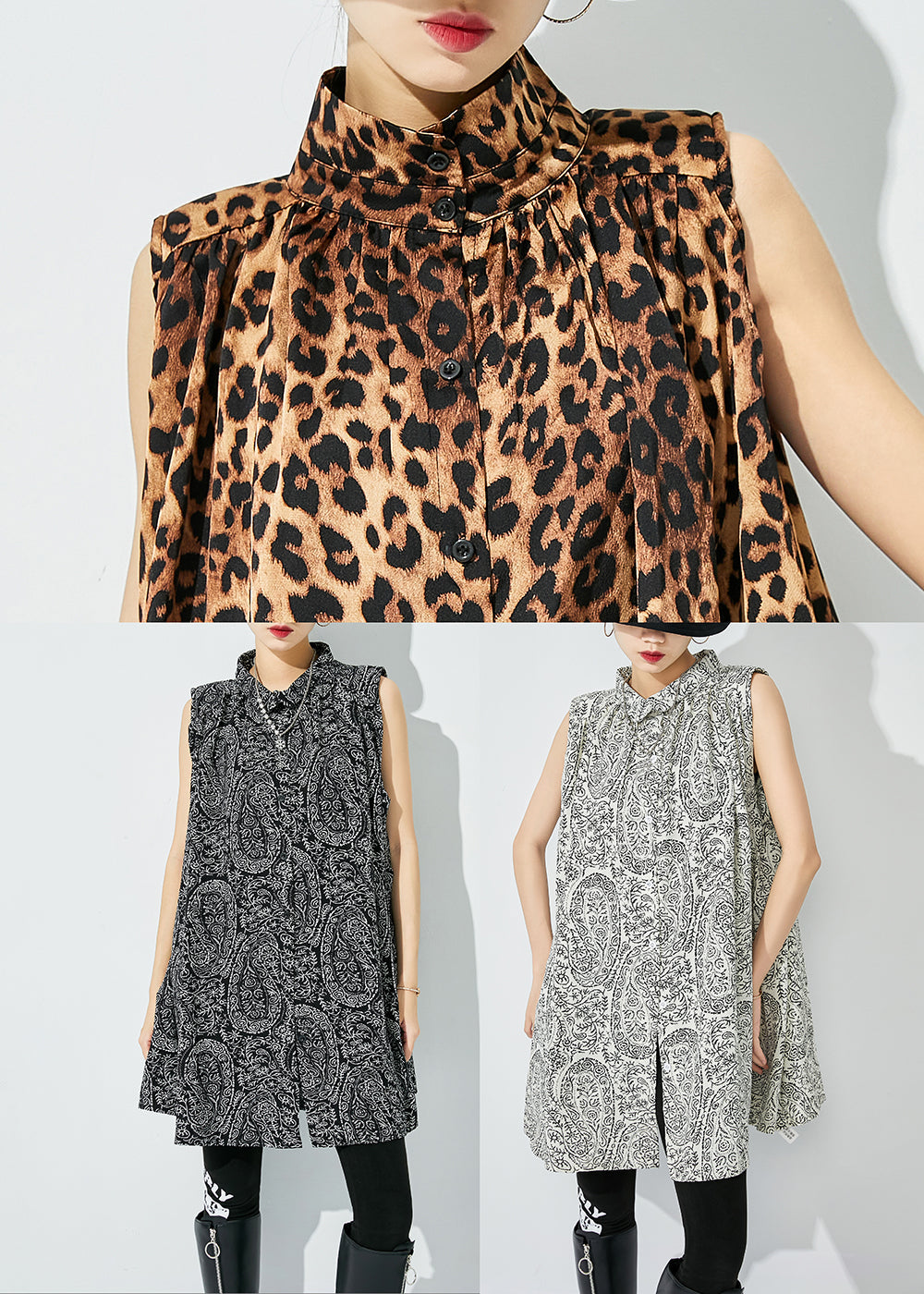 White Stand Collar Print Cotton Shirts Sleeveless