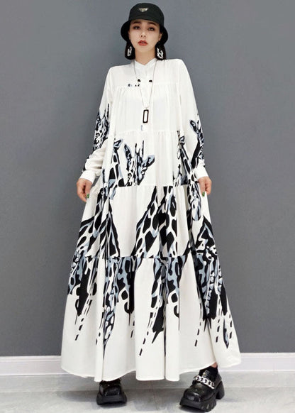 White Stand Collar Print Pleated Long Dresses Long Sleeve