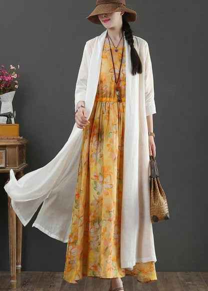 White Summer Linen Side Open Loose Coat Long
