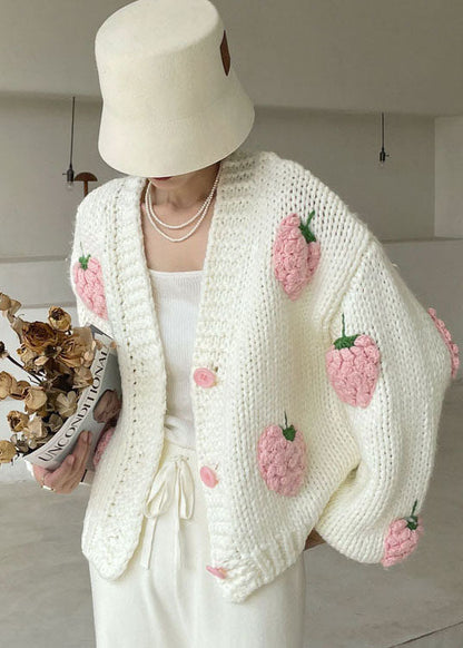 White V Neck Button Knit Sweater Winter Coat