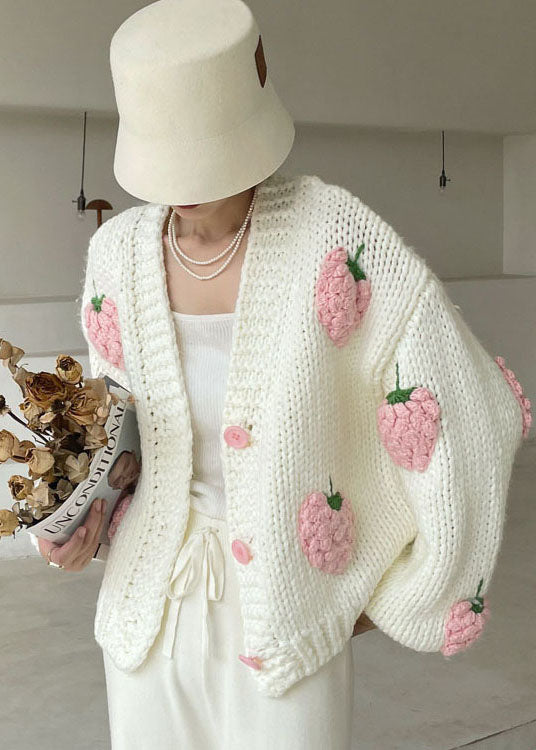 White V Neck Button Knit Sweater Winter Coat