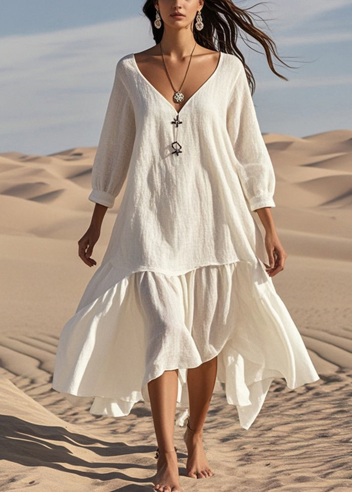 White V Neck Cotton Vacation Dresses Bracelet Sleeve