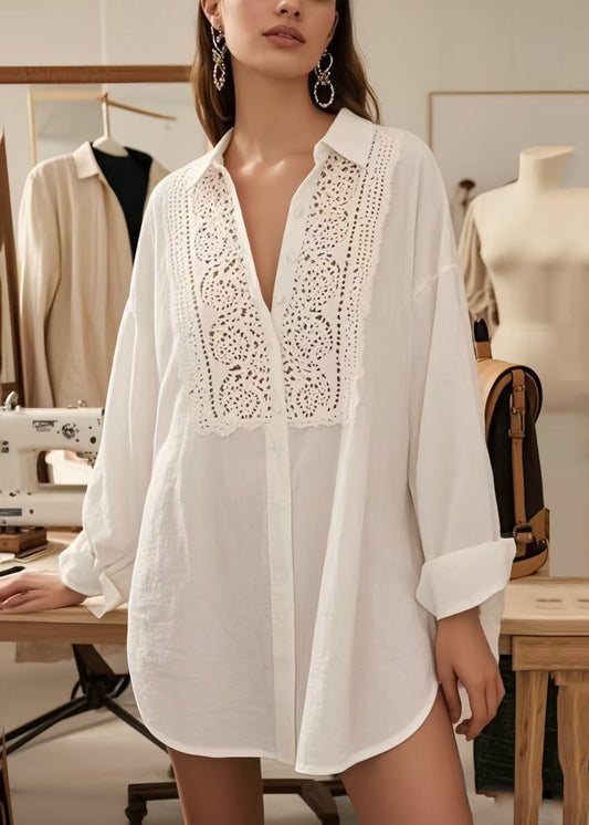 Plus Size White V Neck Hollow Out Cotton Shirts Spring