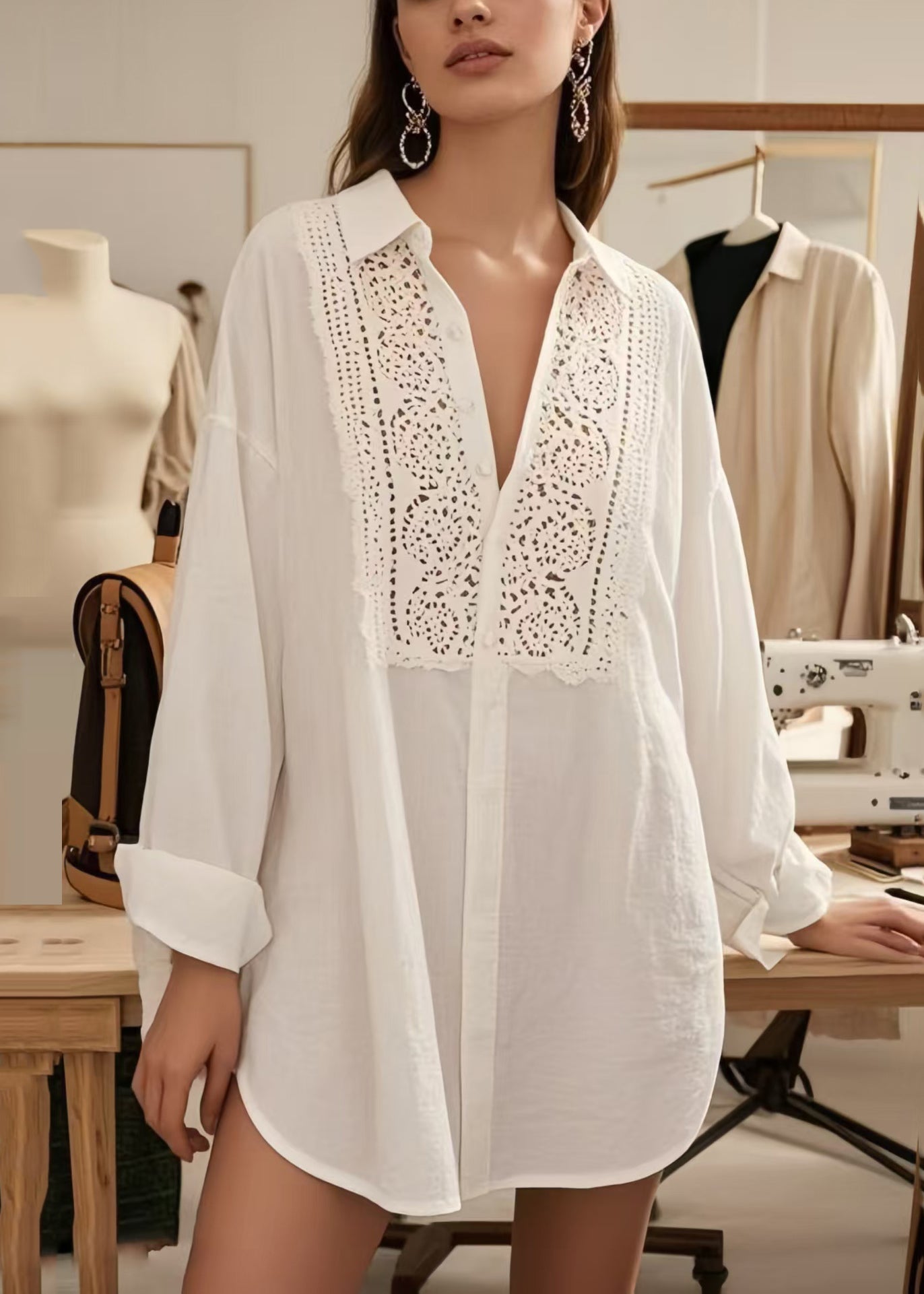 Plus Size White V Neck Hollow Out Cotton Shirts Spring