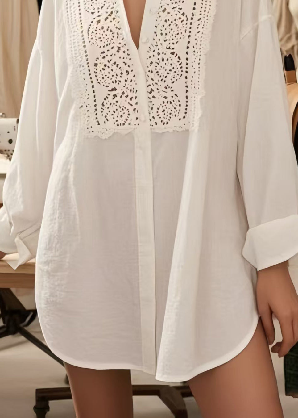Plus Size White V Neck Hollow Out Cotton Shirts Spring
