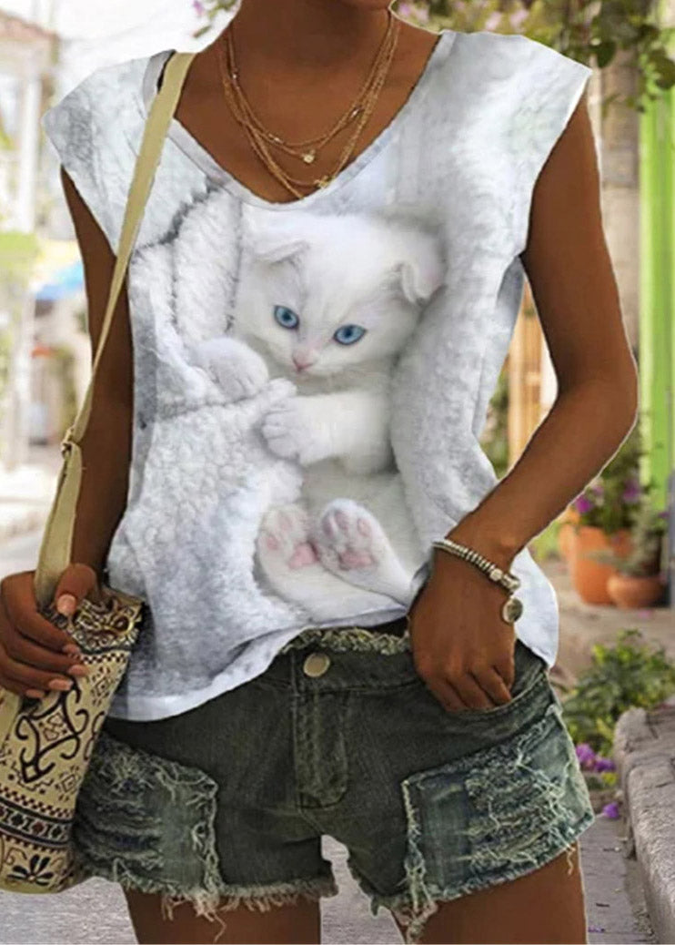 White V Neck Little Rabbit Print Vest Summer