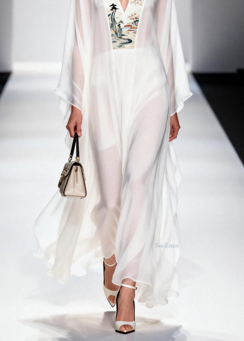 White V Neck Patchwork Chiffon Long Dresses Spring