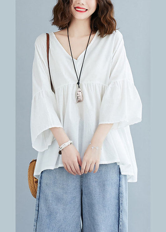 White V Neck Patchwork Loose Fall Tops Half Sleeve
