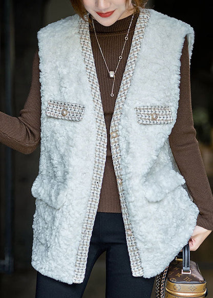 White V Neck Patchwork Teddy Faux Fur Beach Vest Winter