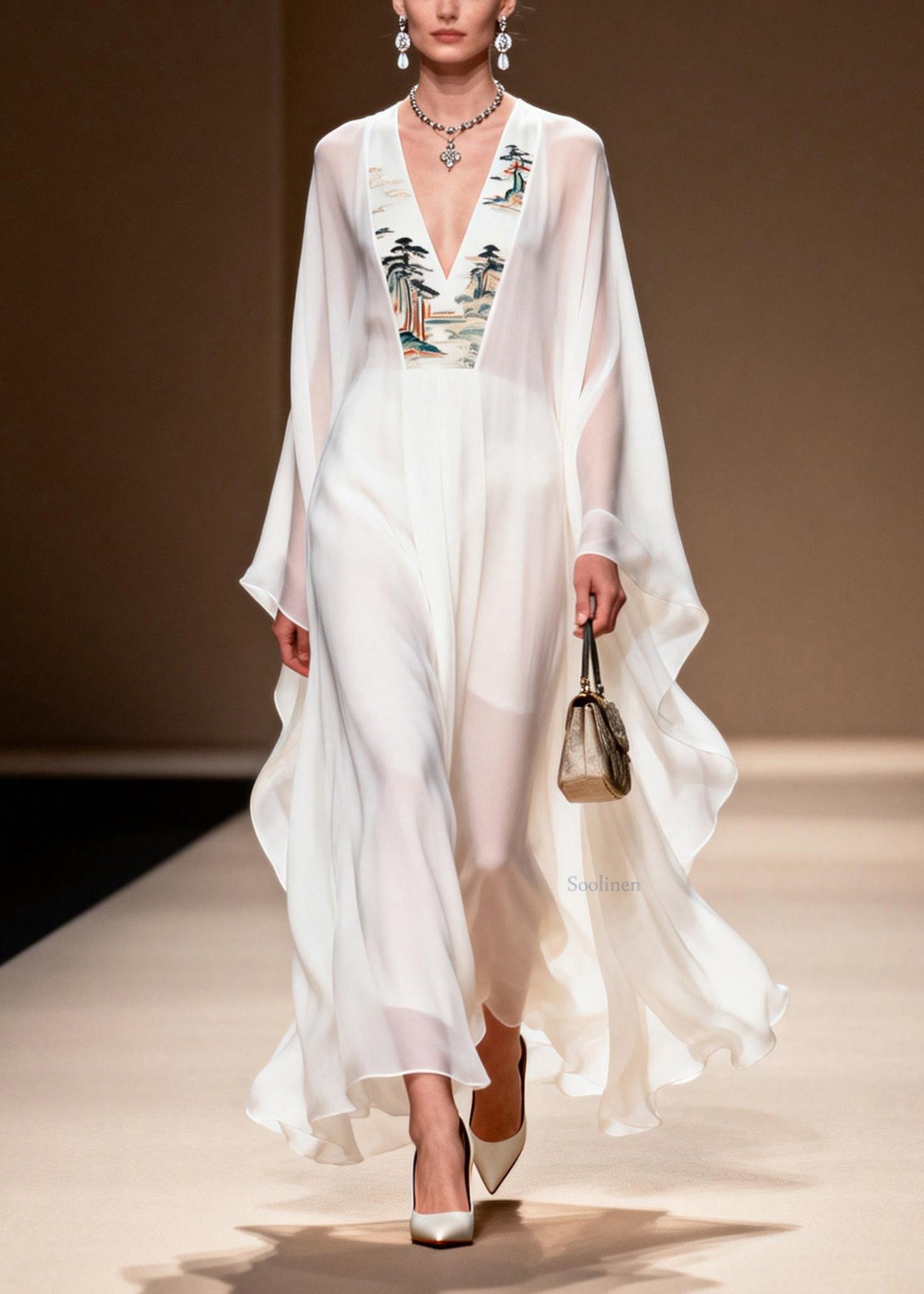 White V Neck Print Patchwork Chiffon Dress Spring