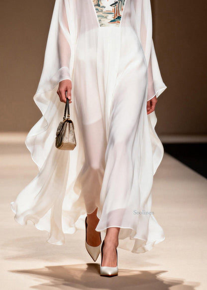 White V Neck Print Patchwork Chiffon Dress Spring