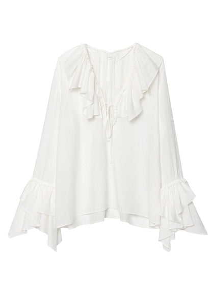 Plus Size White V Neck Ruffled Patchwork Chiffon Top Fall