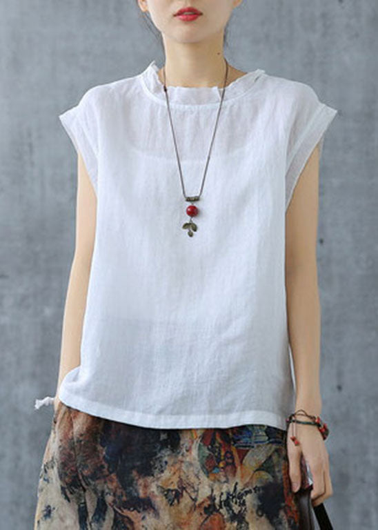 White Drawstring Turtle Neck Linen Tank Short Sleeve