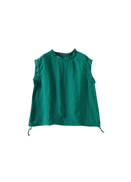 White Drawstring Turtle Neck Linen Tank Short Sleeve