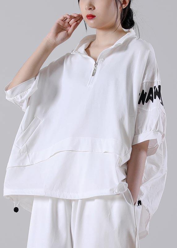 White Zippered Cotton Blouse Tops Summer