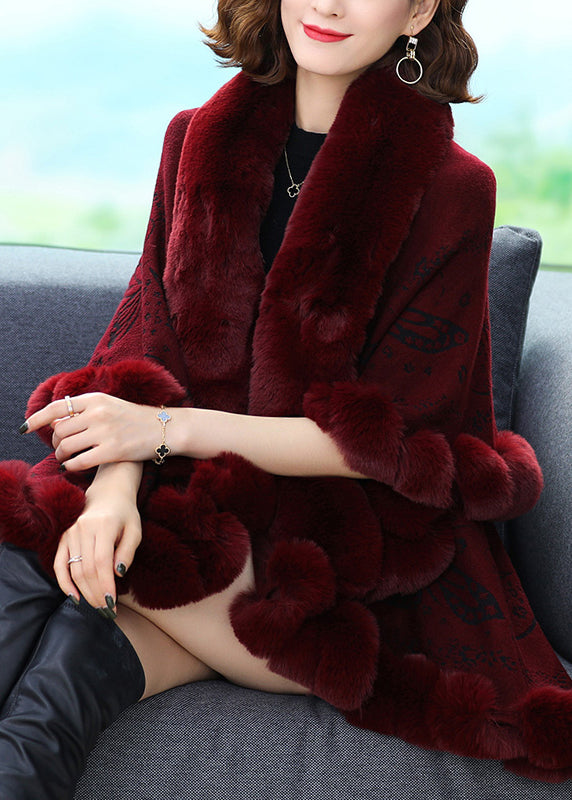 Wine Red Fur Collar Print Patchwork Woolen Coat Fall