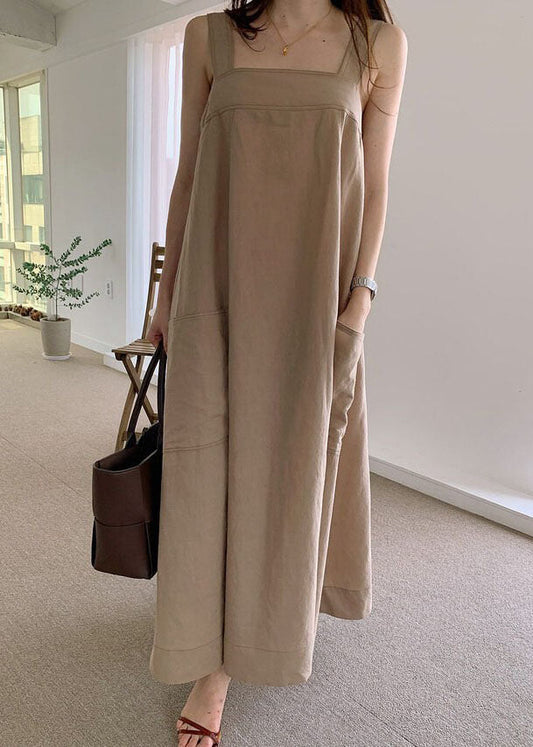 Khaki Pockets Linen Dresses Sleeveless